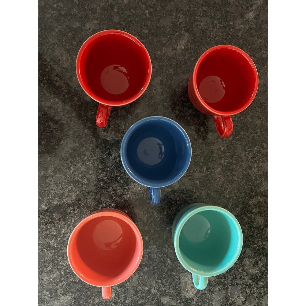 Set of 5 Vintage Fiesta‎ Ceramic Coffee Cups Mugs Red Blue Coral Teal